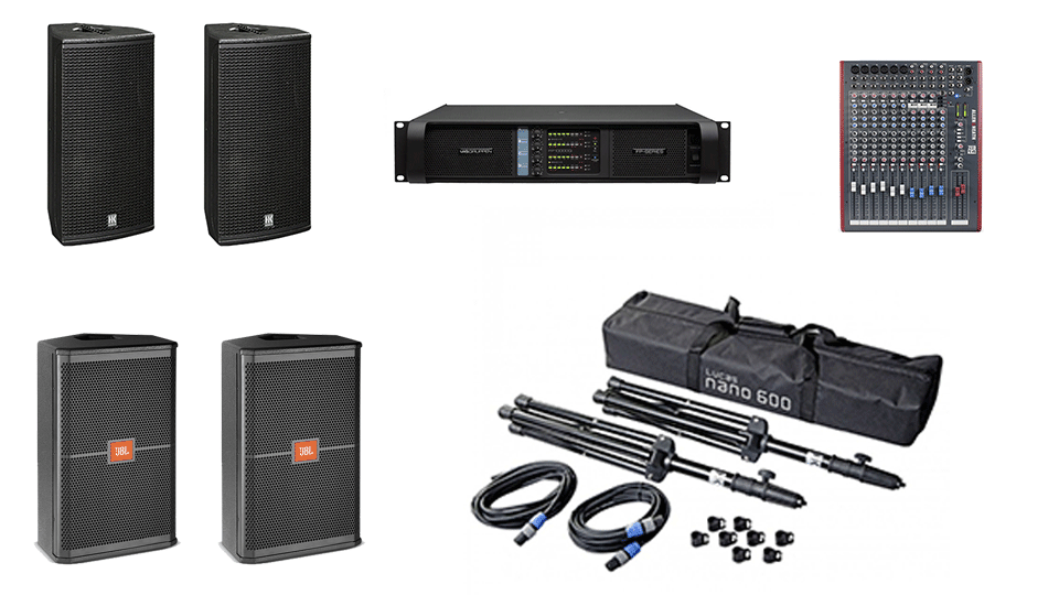 PA Hire Package 1, 2 HK Audio CT112 Speakers on stands, 2 JBL SRX712m monitors, 1 Allen and Heath Zed-14 Mixer, powered by Lab.Gruppen FP Series with microphones, DI Boxes and cabling included.
