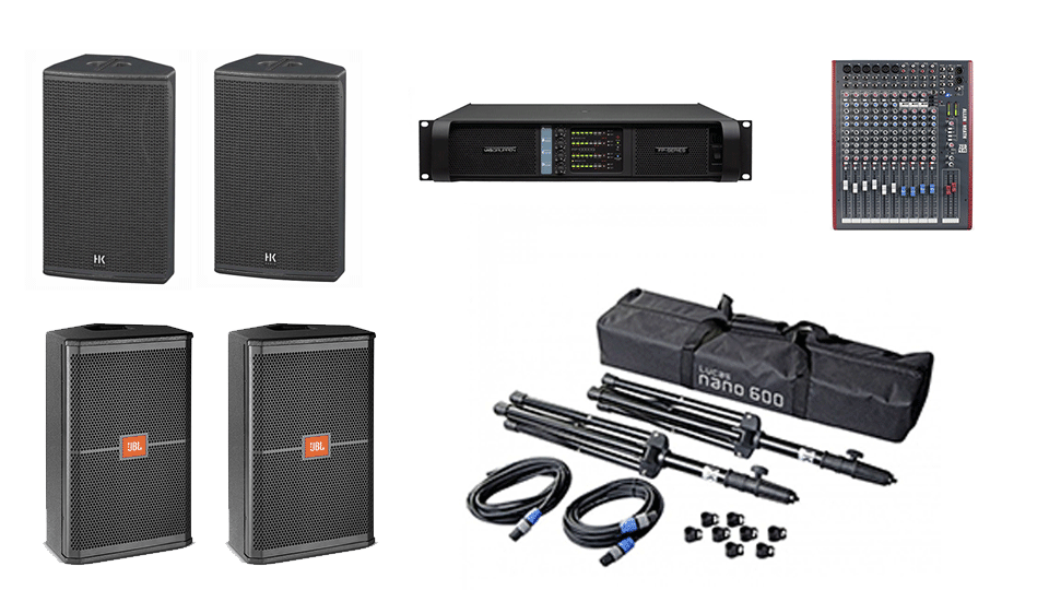 PA Hire Package 2, 2 HK Audio CT115 Speakers on stands, 2 JBL SRX712m monitors, 1 Allen and Heath Zed-14 Mixer, powered by Lab.Gruppen FP Series with microphones, DI Boxes and cabling included.