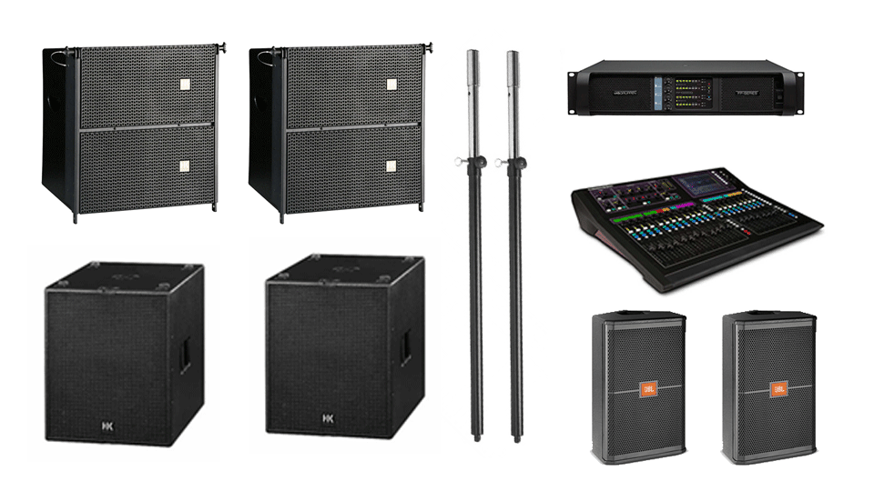 PA Hire Package 6, 2 HK Audio CTA208 Speakers, 2 HK Audio CT118 Sub's, 2 JBL SRX712m Monitors, 1 Allen and Heath GLD-80 Mixer, powered by Lab.Gruppen FP Series with microphones, DI Boxes and cabling included.