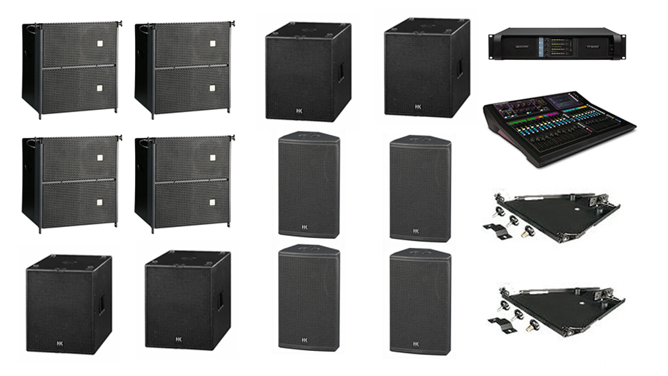 PA Hire Package 7, 4 HK Audio CTA208 Speakers, 4 HK Audio CT118 Sub's, 4 HK audio CT115 Monitors, 1 Allen and Heath GLD-80 Mixer, powered by Lab.Gruppen FP Series with microphones, DI Boxes and cabling included.
